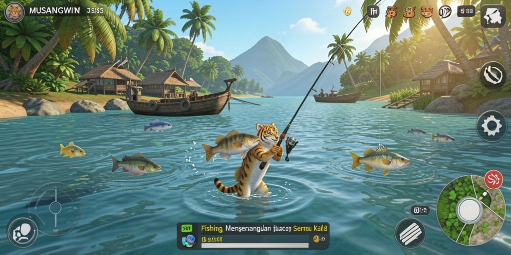 Screenshot utama MUSANGWIN menampilkan aksi seru menangkap ikan di lautan.