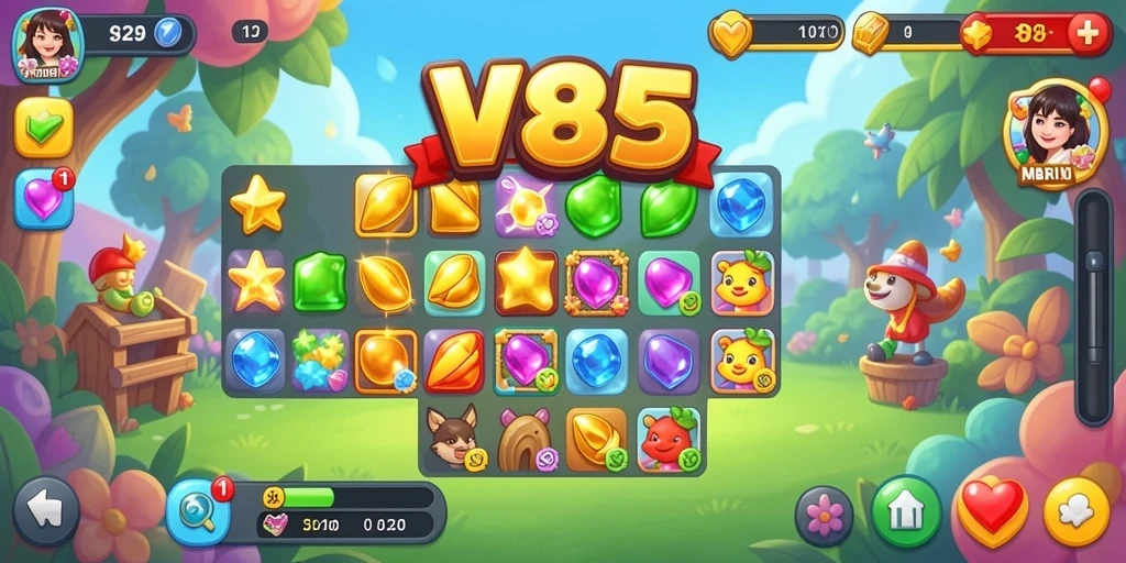 Tampilan screenshot V89 menunjukkan gameplay seru Match-3 yang penuh warna.